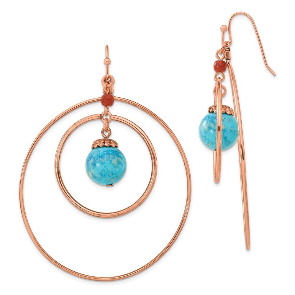 1928 Copper-tone Double Circle Brown and Aqua Acrylic Beads Dangle Earrings